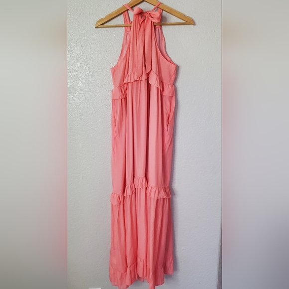 Halter Tied Neck Pink Tiered Ruffle Boho Flowy Maxi Dress W/ Pockets Size Medium - Picture 7 of 9